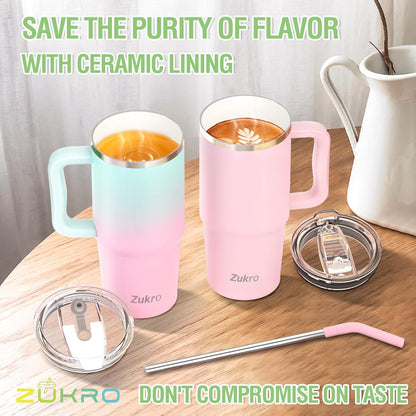 Zukro 24 oz Ceramic Lined Tumbler with Handle and Straw, No Metal Taste, Insulated Stainless Steel Coffee Mug with Spill Proof Lids for Home/Office, No Sweat, Keep Drinks Hot or Cold, Black