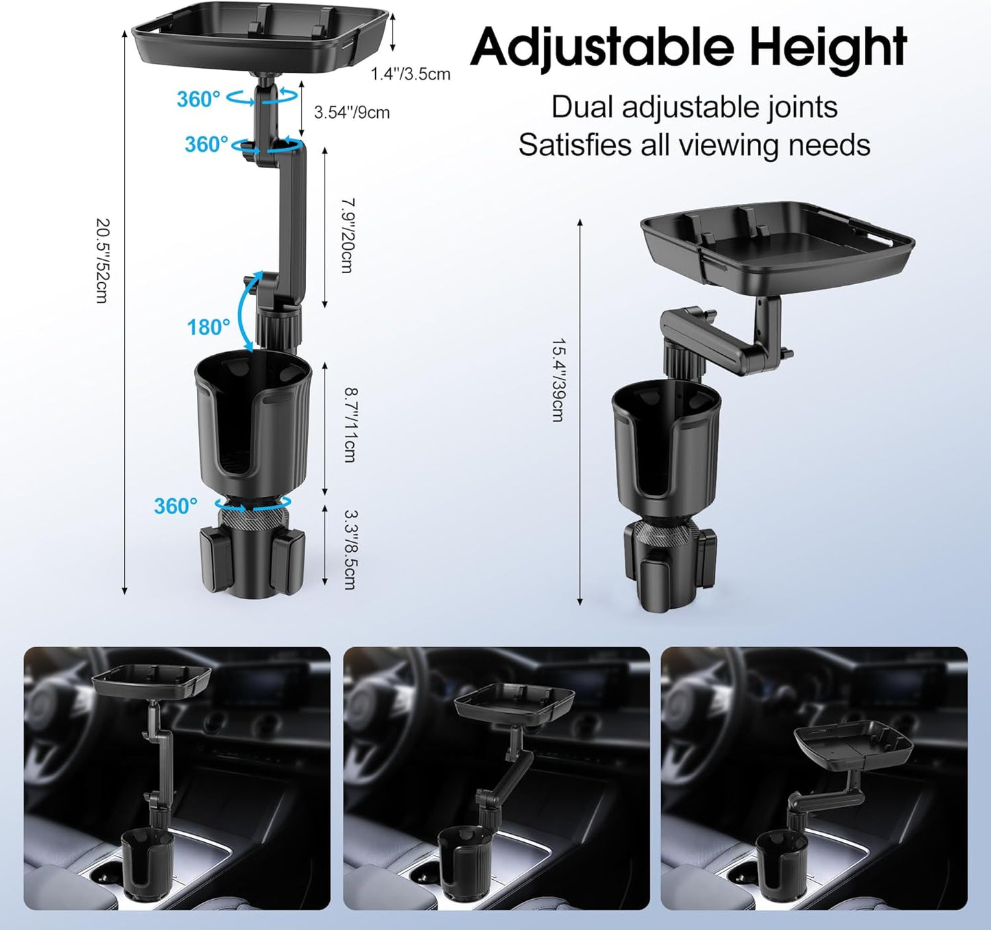 Car Cup Holder Tray, Cup Holder Expander 20.5" Height Adjustable Arm Car Food Tray Table for Eating with Phone Holder Road Trip Essential fit Most Bottles