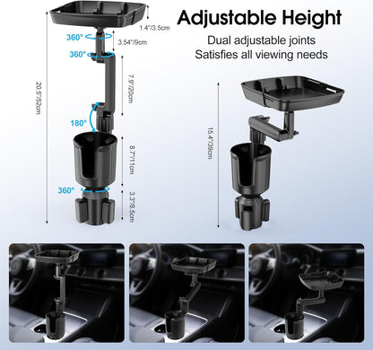 Car Cup Holder Tray, Cup Holder Expander 20.5" Height Adjustable Arm Car Food Tray Table for Eating with Phone Holder Road Trip Essential fit Most Bottles
