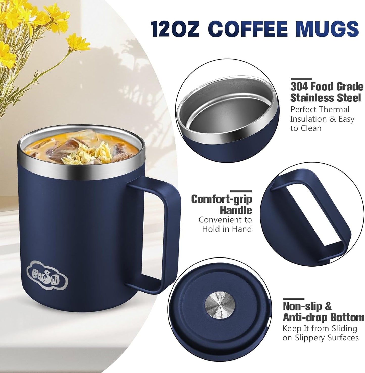 12oz Insulated Coffee Mug with Handle, Stainless Steel Wide Mouth Travel Tumblers with Lid, Double Wall Vacuum Coffee Cup for Camping, Office, Army Green 4 Pack