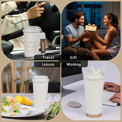 Insulated Coffee Mug with Ceramic Coating, 18 oz Ceramic Lined Travel Coffee Mug with Leakproof Lid, Double Wall Stainless Steel Hot ＆ Cold Drinking Cup for Office Camping Travel, White