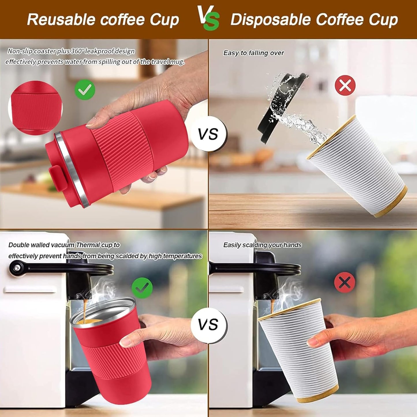 YINBAOGE Insulated Travel Coffee Mug, Spill & Leak Proof, Portable To Go Camping Stainless Steel Coffee Tumbler, Reusable Thermal Coffee Cup with Lid for Hot & Cold Drinks (Black, 12 OZ)
