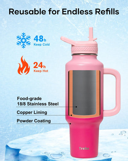 Trebo 40 oz Water Bottle Insulated Fit Car Cup Holder with Handle, Stainless Steel Water Bottles Tumbler with Spout Straw Lids, Double Wall Travel Reusable Flask, Leakproof Mug,Keep Cold &Hot,Black