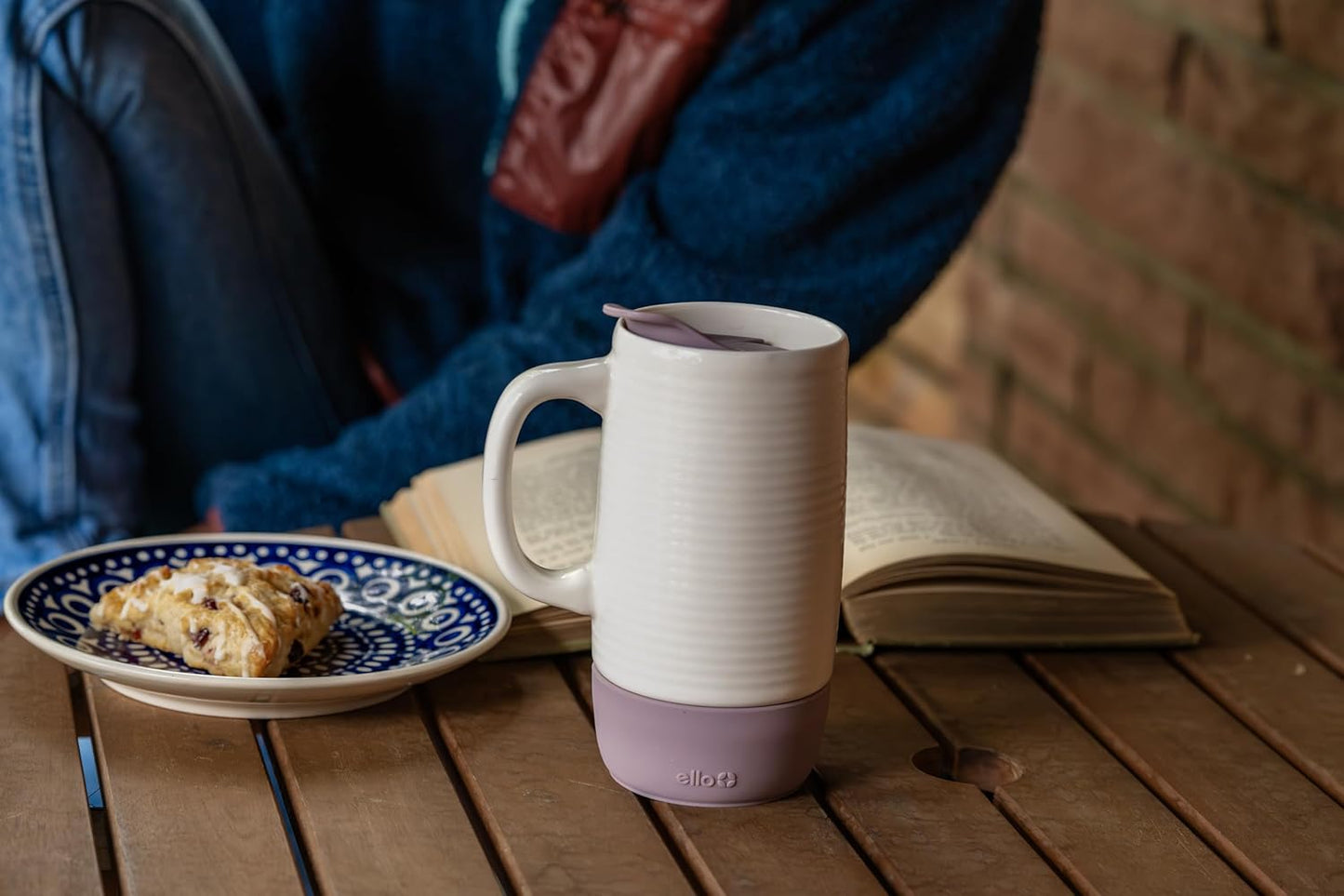 Ello Jane 18oz Ceramic Travel Mug with Handle, Splash-Resistant Slider Lid and Built-in Coaster, Perfect for Coffee and Tea, BPA Free, Dishwasher Safe, Gift for Him Her Mother's Day Birthday, Sandbar