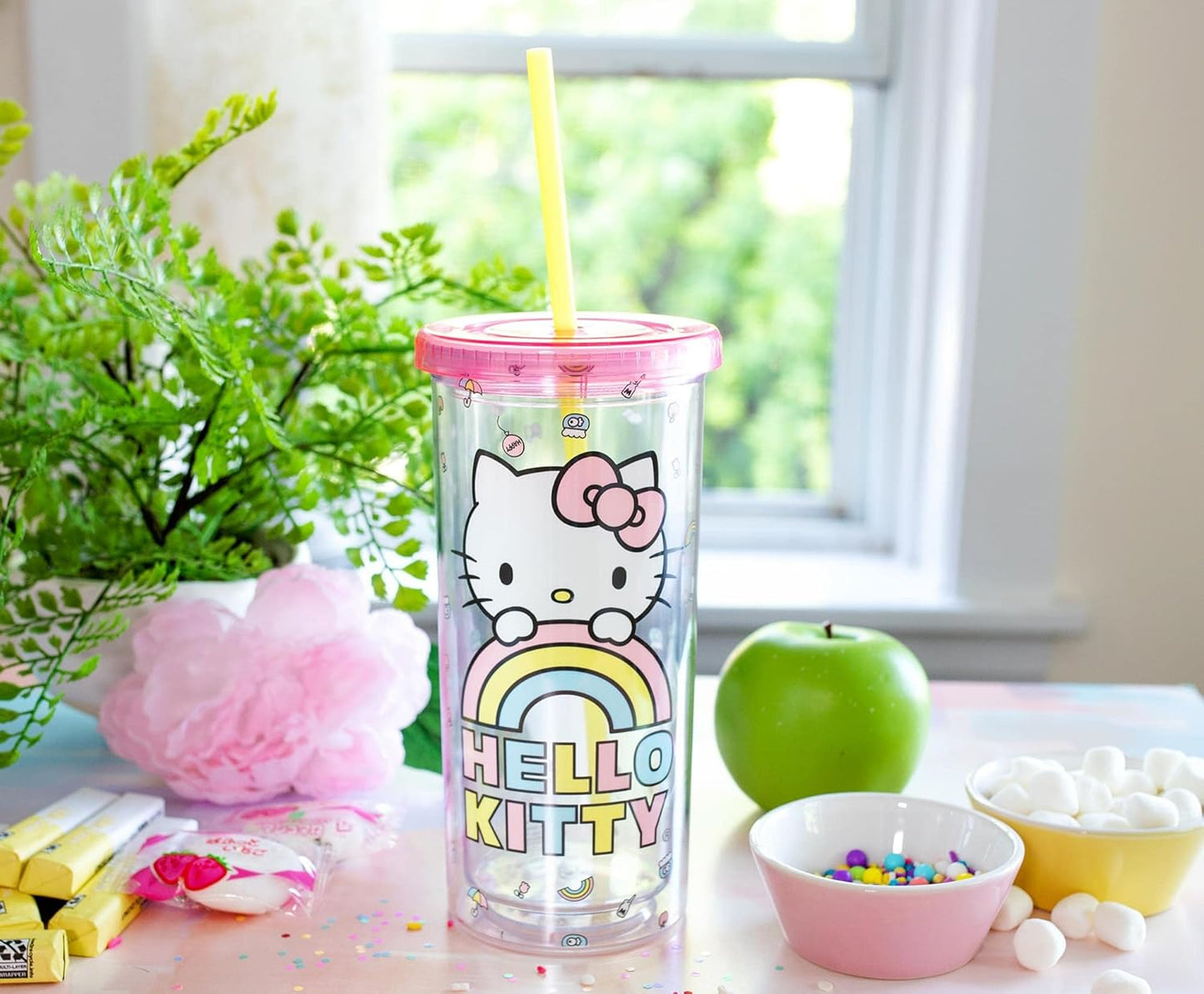 Silver Buffalo Sanrio Hello Kitty Milk Carton Pattern Plastic Boba Tumbler w Lid and Wide Straw, 24 Ounces