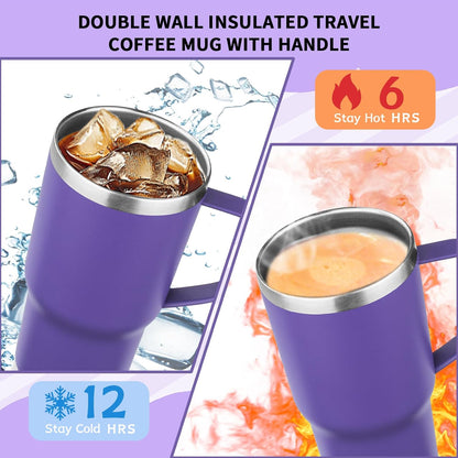 20oz Insulated Tumbler with Handle Stainless Steel Travel Coffee Mug with Lid and Straw Double Wall Vacuum Leak-proof Reusable Thermal Water Cup for Hot and Cold Drinks (Purple,1 Pack)
