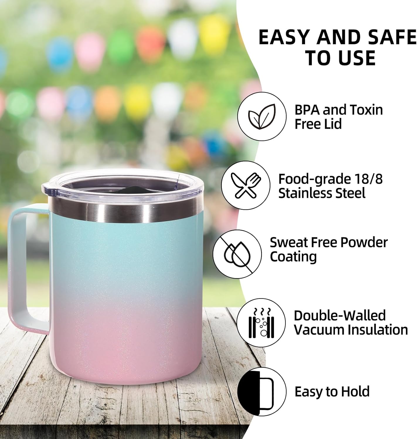 Volhoply 14oz Insulated Stainless Steel Coffee Mug with Lid Bulk 4 Pack,Double Wall Vacuum Travel Coffee Cup with Handle,Reusable Metal Cups Tumbler Cup,Camping Mugs,Ideal Gifts(Mix,4)