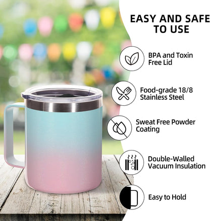 Volhoply 14oz Insulated Stainless Steel Coffee Mug with Lid Bulk 4 Pack,Double Wall Vacuum Travel Coffee Cup with Handle,Reusable Metal Cups Tumbler Cup,Camping Mugs,Ideal Gifts(Mix,4)