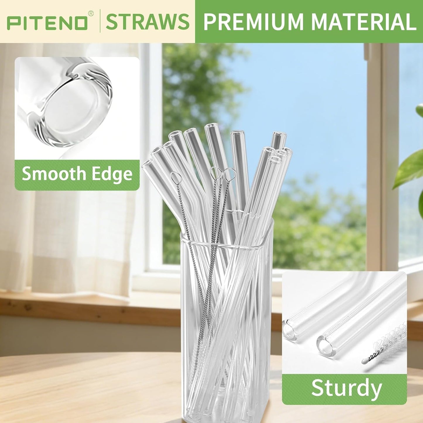 Piteno® 12Pcs Glass Straws with 4Pcs Brushes, Reusable Clear Glass Drinking Straws, 8.5''x10MM, Set of 6 Straight and 6 Bent with 4 Cleaning Brushes, Perfect for Smoothies, Milkshakes, Juice, Tea