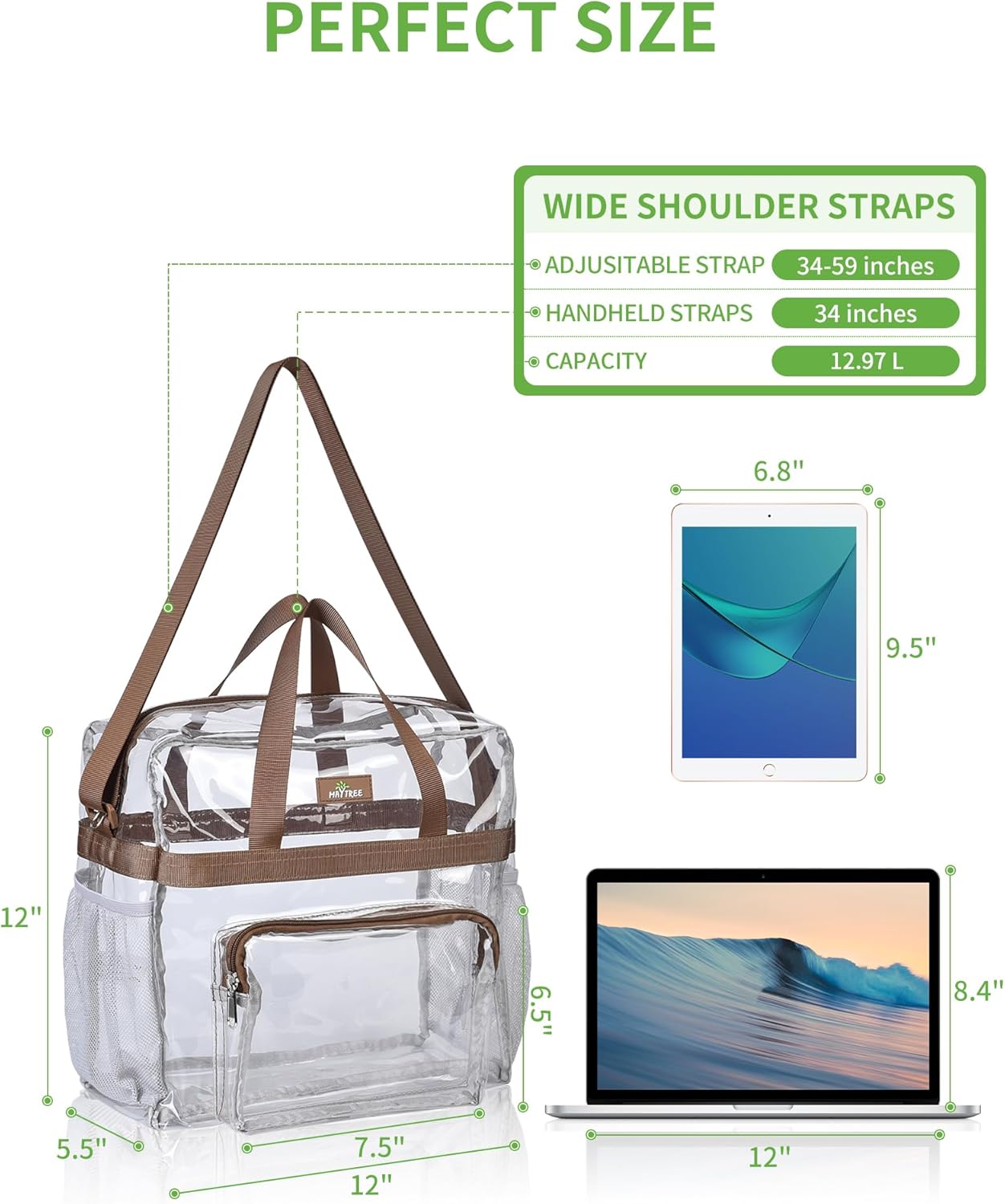 MAY TREE Clear Bag for Stadium Events, 12×5.5×12 Clear Tote Lunch Bag with Non-detachable Reinforced Straps for Work, Sporting Events and Gym, Black