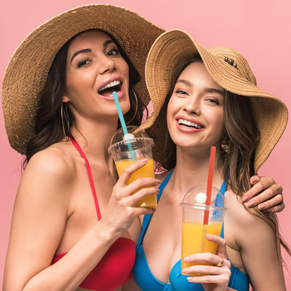 2 Set Silicone Straws with Case, Reusable Travel Straw Cruise Ship Essentials, Foldable Portable Straw + Deep Cleaning Brush + Carry Case with Keychain, for Travel & Party Cold or Hot (Pink & Blue)
