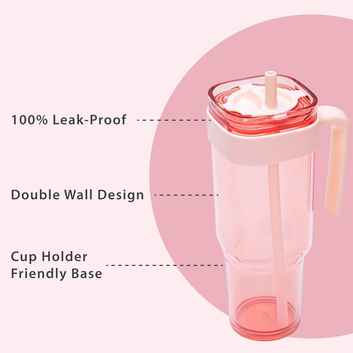 34oz Leakproof Straw Tumbler with Lid and Straw Double Wall Slim Coffee Cup Reusable BPA Free Plastic Travel Mug Integrated Handle Dishwasher Safe