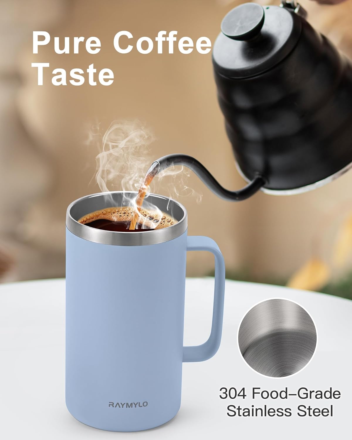 RAYMYLO Insulated Coffee Mug 12 oz, Double Wall Stainless Steel Coffee Mug with Lids, Leak-Proof & Detachable Slider Lid for Thorough Clean, Keeps Coffee Cold for 9 Hrs, Suitable for Camp Home Office