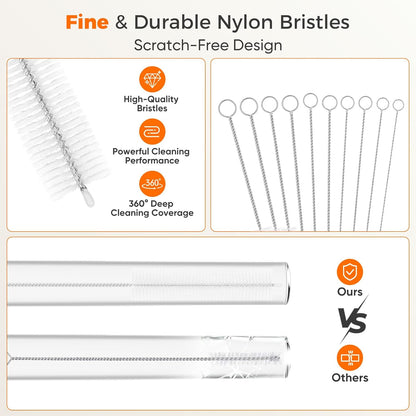 10-Packs Premium Straw Cleaner Brush in Mixed Sizes, 8IN Long Reusable Stainless Steel Cleaning Brushes Set with Soft Sturdy Nylon Bristles for Metal Straws, Sippy Cups, Tumblers & Bottles