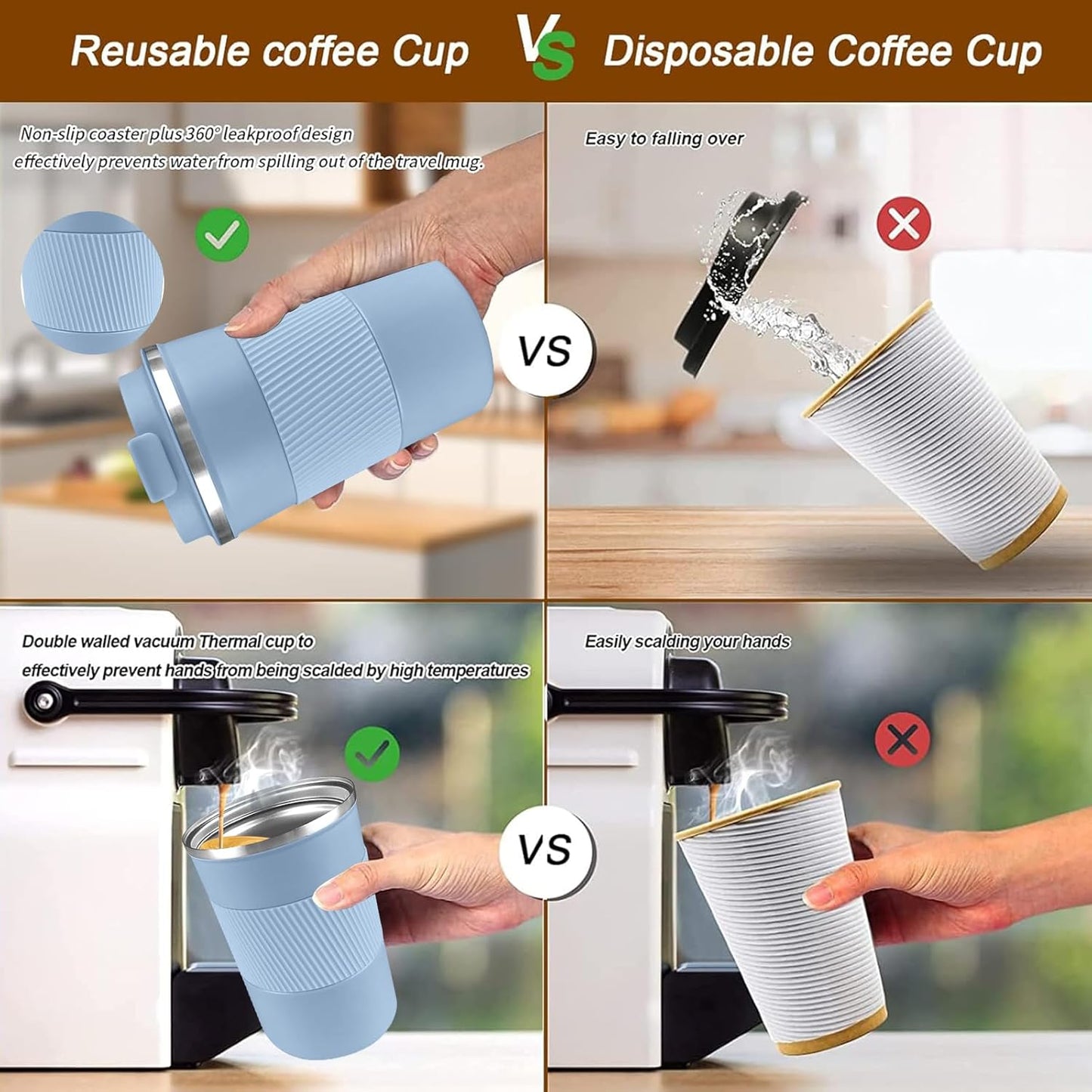 YINBAOGE Insulated Travel Coffee Mug, Spill & Leak Proof, Portable To Go Camping Stainless Steel Coffee Tumbler, Reusable Thermal Coffee Cup with Lid for Hot & Cold Drinks (Black, 12 OZ)