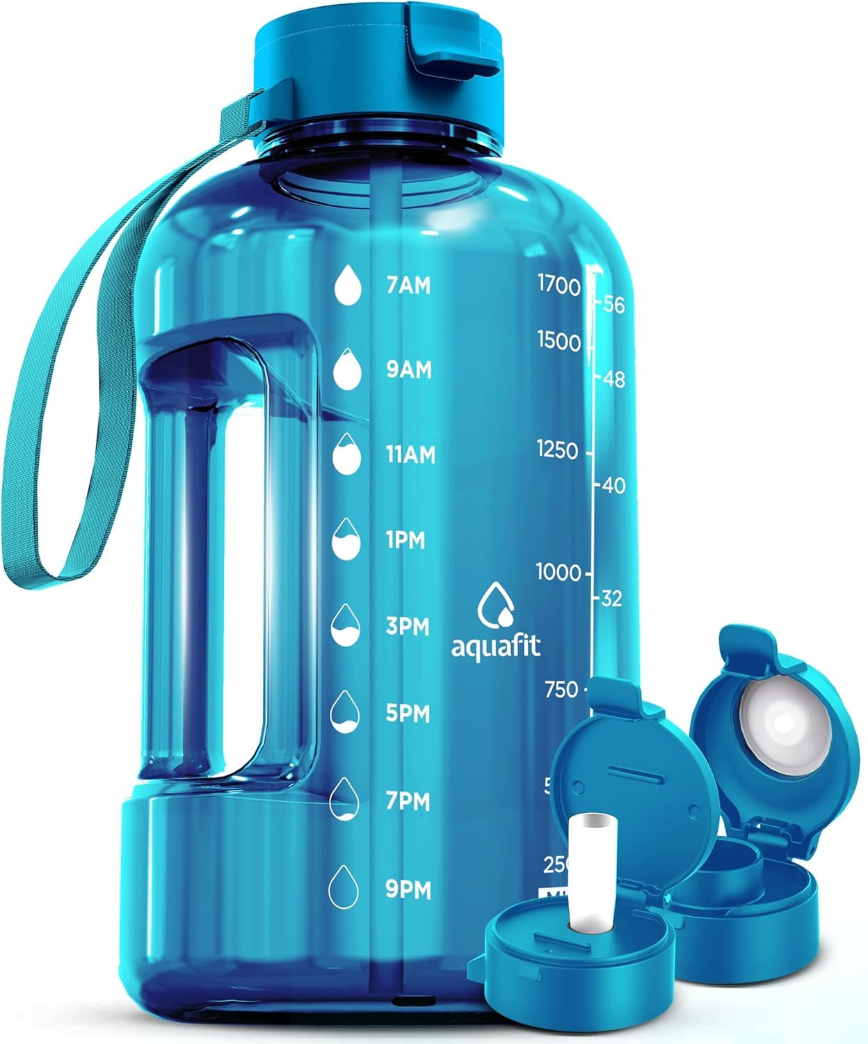 AQUAFIT 64 oz Water Bottle with Time Marker - Straw & Chug Lid - BPA Free Half Gallon Gym Water Bottle with Handle - Big Gallon Jug (Gray, 64 Ounces)