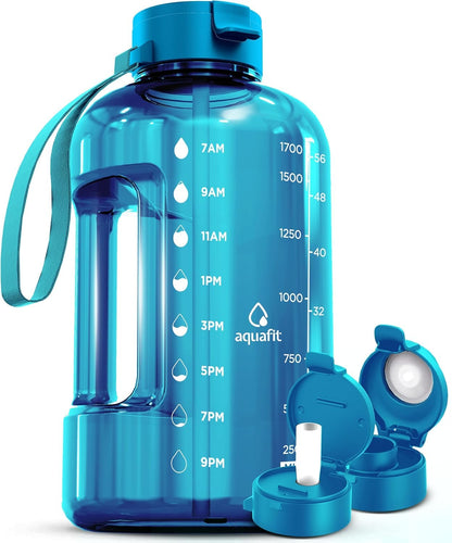 AQUAFIT 64 oz Water Bottle with Time Marker - Straw & Chug Lid - BPA Free Half Gallon Gym Water Bottle with Handle - Big Gallon Jug (Gray, 64 Ounces)