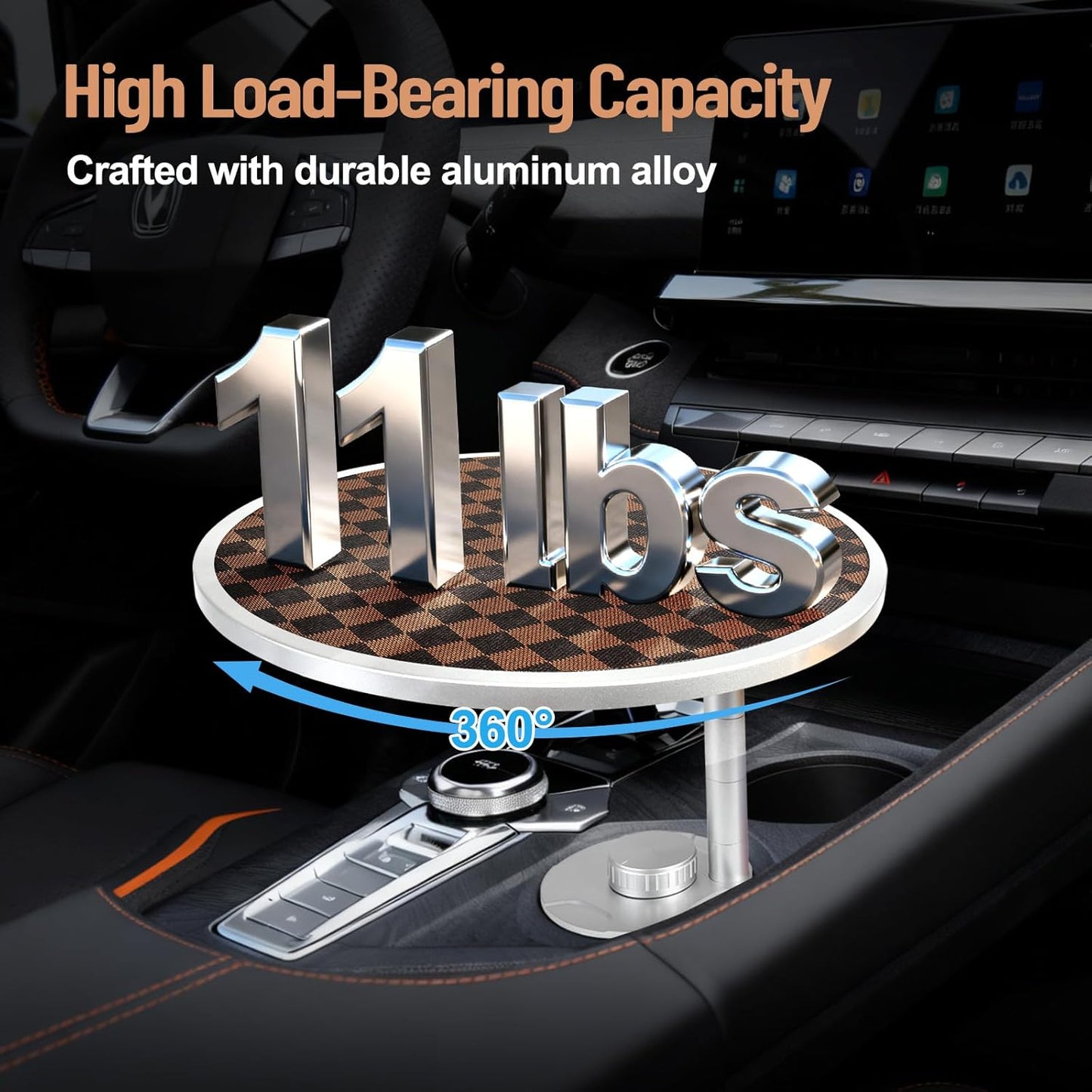 Car Tray Table & Car Desk for Laptop with 2 Risers and Anti-Slip Pad, 360° Rotating Cup Holder for Working and Eating Compatible with Tesla Model 3/Y/S, Ford F150/Explorer/Maverick & Most Vehicles/EV