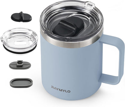 RAYMYLO Insulated Coffee Mug 12 oz, Double Wall Stainless Steel Coffee Mug with Lids, Leak-Proof & Detachable Slider Lid for Thorough Clean, Keeps Coffee Cold for 9 Hrs, Suitable for Camp Home Office