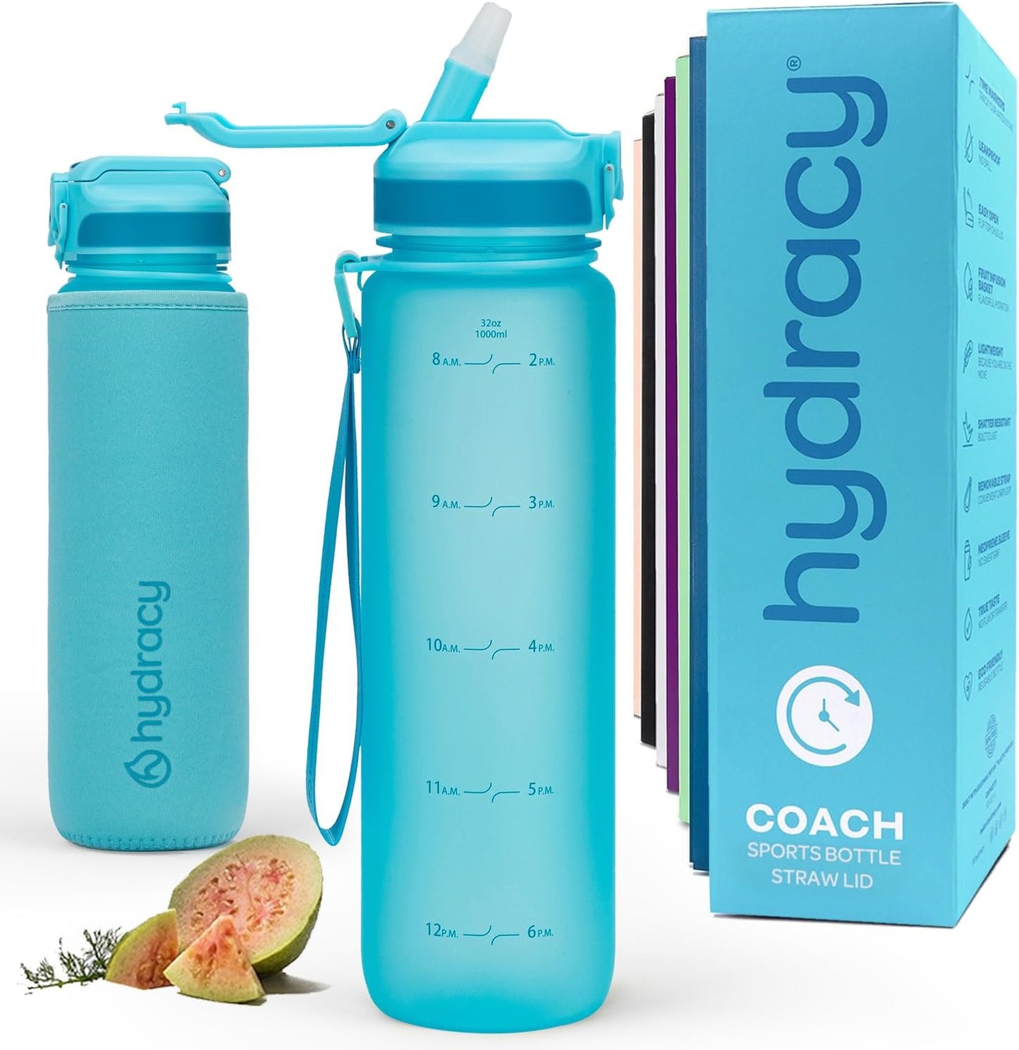 Hydracy Water Bottle with Time Marker -Large BPA Free Water Bottle & No Sweat Sleeve -Leak Proof Gym Bottle with Times to Drink - Ideal for Fitness Sports & Outdoors