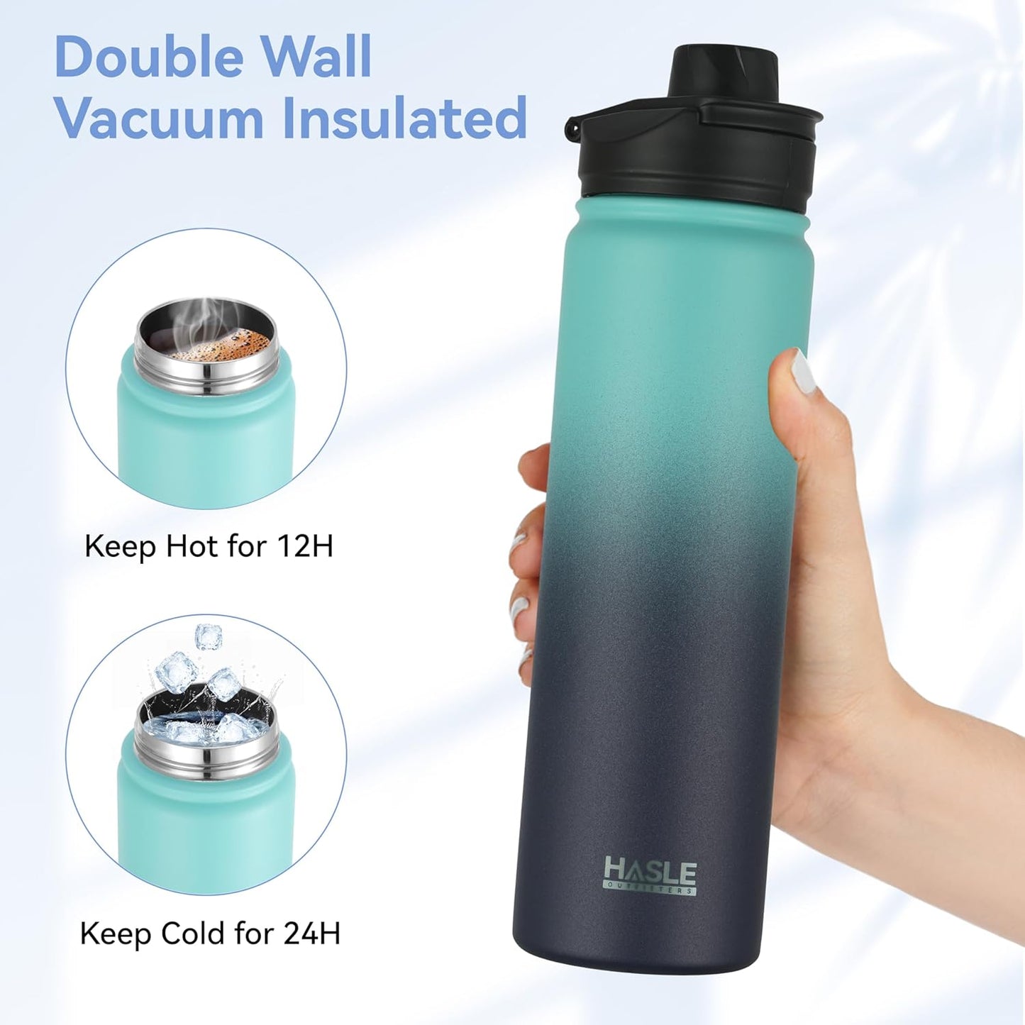 HASLE OUTFITTERS 32 oz Insulated Water Bottle Stainless Steel Double Walled Vacuum Sports Water Bottle with 2 Lids (Straw and Spout Lid) for Gym Camping Hiking(Black,1)