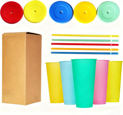 Color Changing Cups, 5 Pack 24oz Plastic Tumblers, Reusable Iced Coffee & Smoothie Cups with Lids and Straws for Parties and Travel