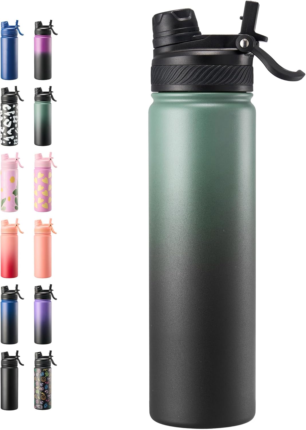 Fijinhom 18 oz Insulated Water Bottle, 2-in-1 Straw and Spout Lid Stainless Steel Thermos, Leak-Proof, Double Wall Vacuum Flask, Keep Cold 24H for Outdoor, Sports, Travel, School (Black)