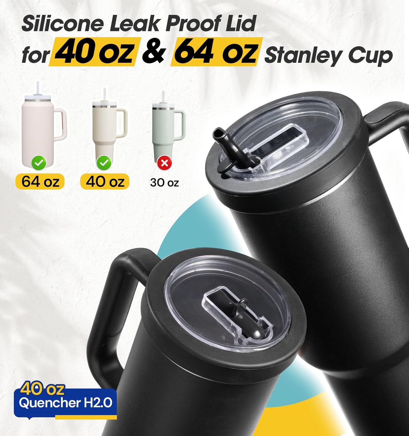 40 Oz Tumbler Flip Straw Lid for Stanley Quencher, Silicone Leak Proof Replacement Cover Reusable, Splash Resistant Cup Lids Accessories with Cleaning Brush Set