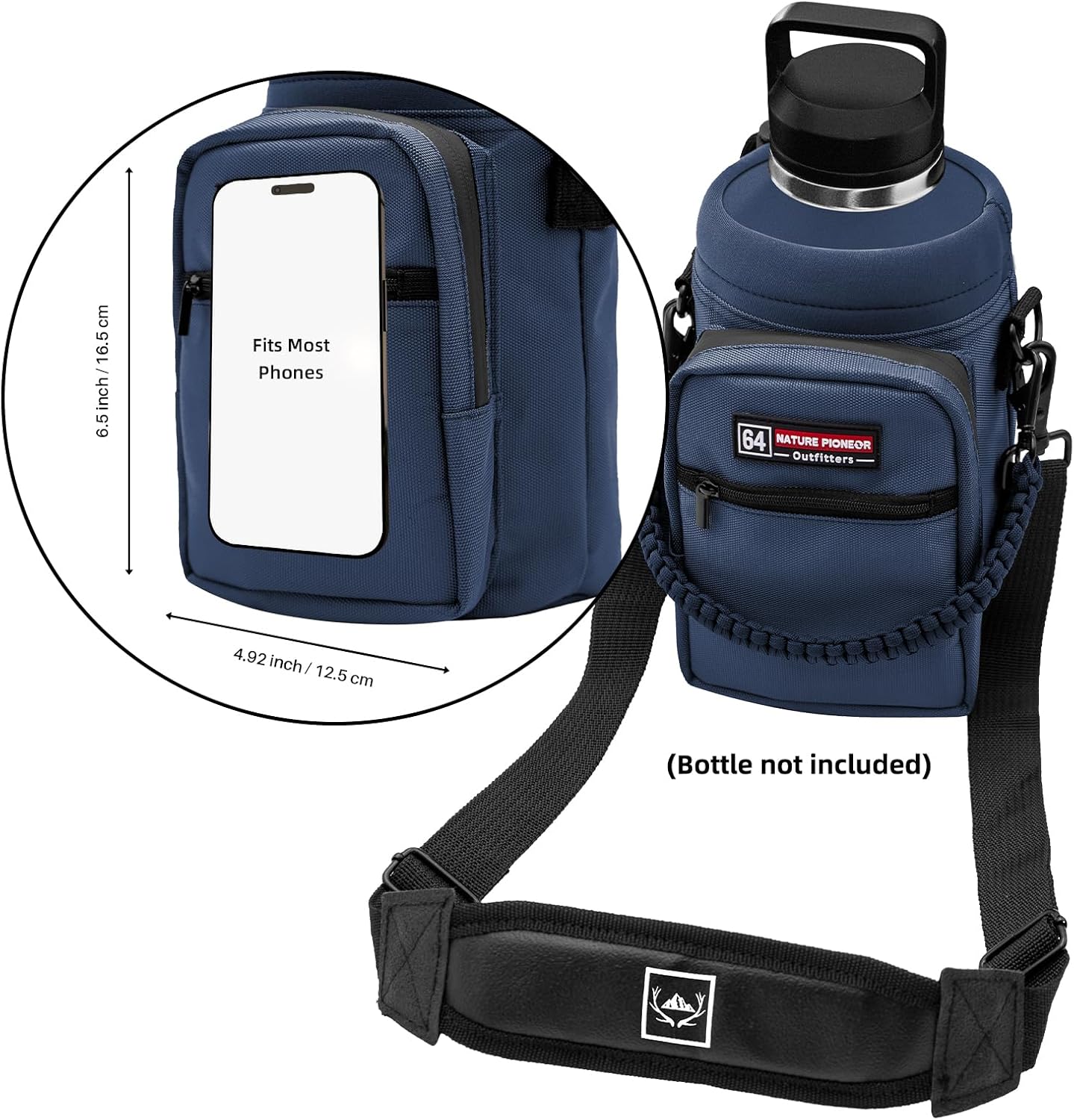 NATURE PIONEOR Water Bottle Holder with Adjustable Strap - Half/One Gallon (64/128oz) Insulated Water Bottle Sling Carrier with Phone Pocket & Paracord Handle, Outdoor Camping, Hiking, Gym