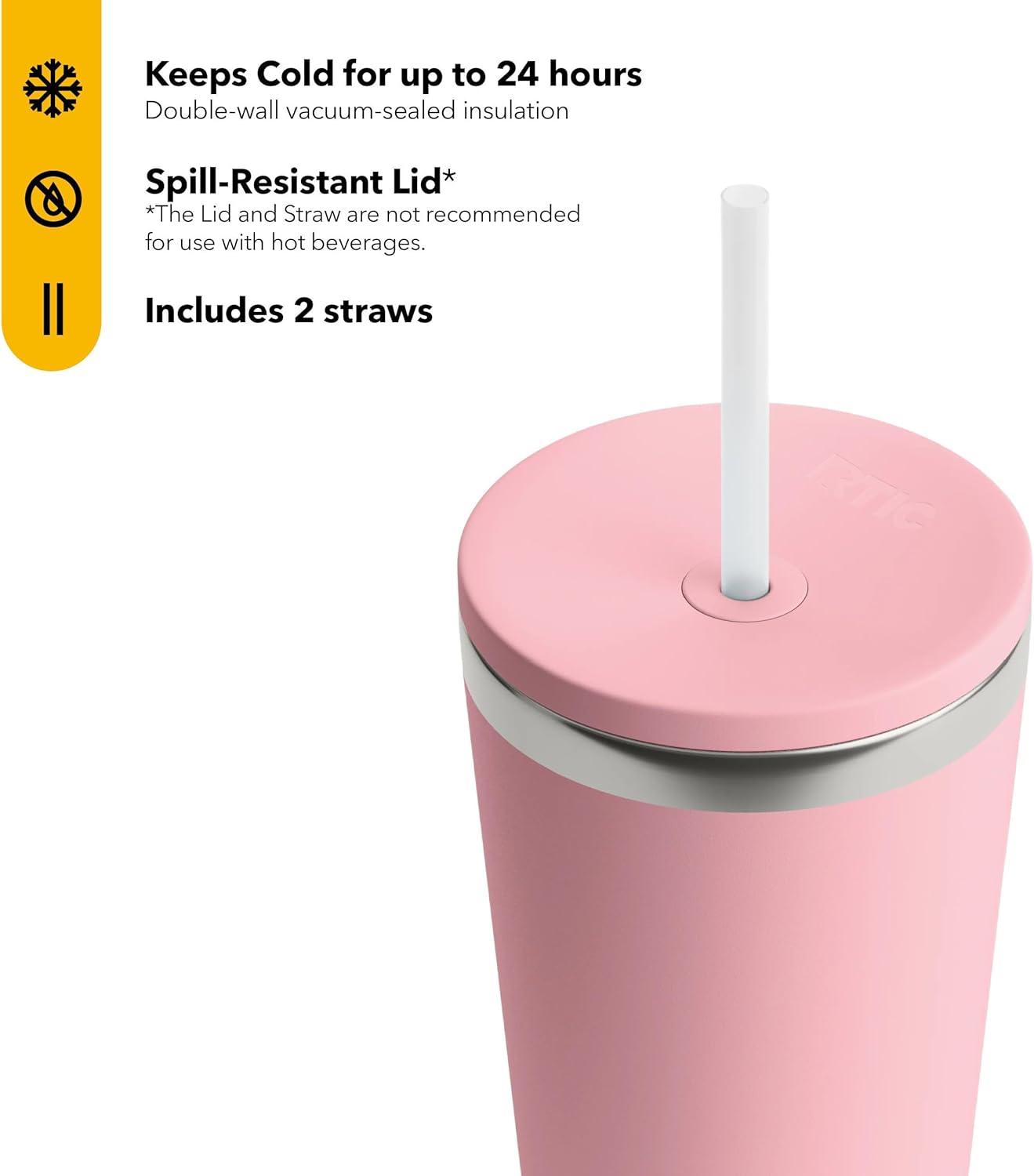 RTIC 20oz Everyday Tumbler Insulated Stainless Steel Portable Travel Coffee Cup with Straw, Ceramic Lining, Spill-Resistant Lid, BPA-Free, Hot and Cold Drink, Beach