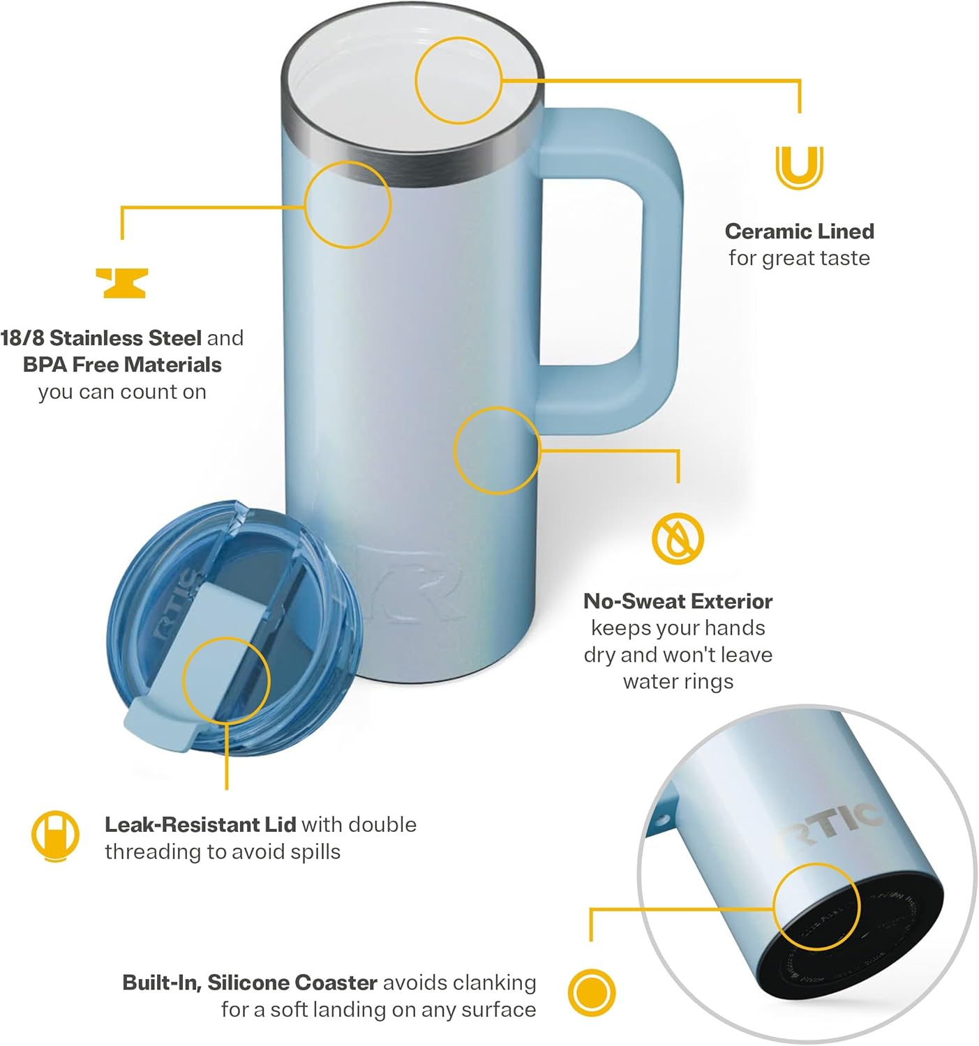 RTIC 20oz Road Trip Travel Mug with Lid and Handle, Ceramic Lined, Insulated, Stainless Steel, Metal, Double Wall Vacuum-Insulation, Portable Coffee, Tea Cup for Hot and Cold Drink, Black
