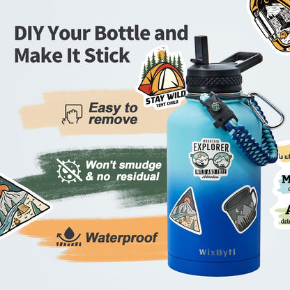 WixByti 40 oz Insulated Water Bottle with Straw (Cold for 36 Hrs), Stainless Steel Triple Wall Vacuum Sports Water Jug, Leakproof Hydro Cup Flask with Paracord Handle & Straw Spout Lids & DIY Stickers