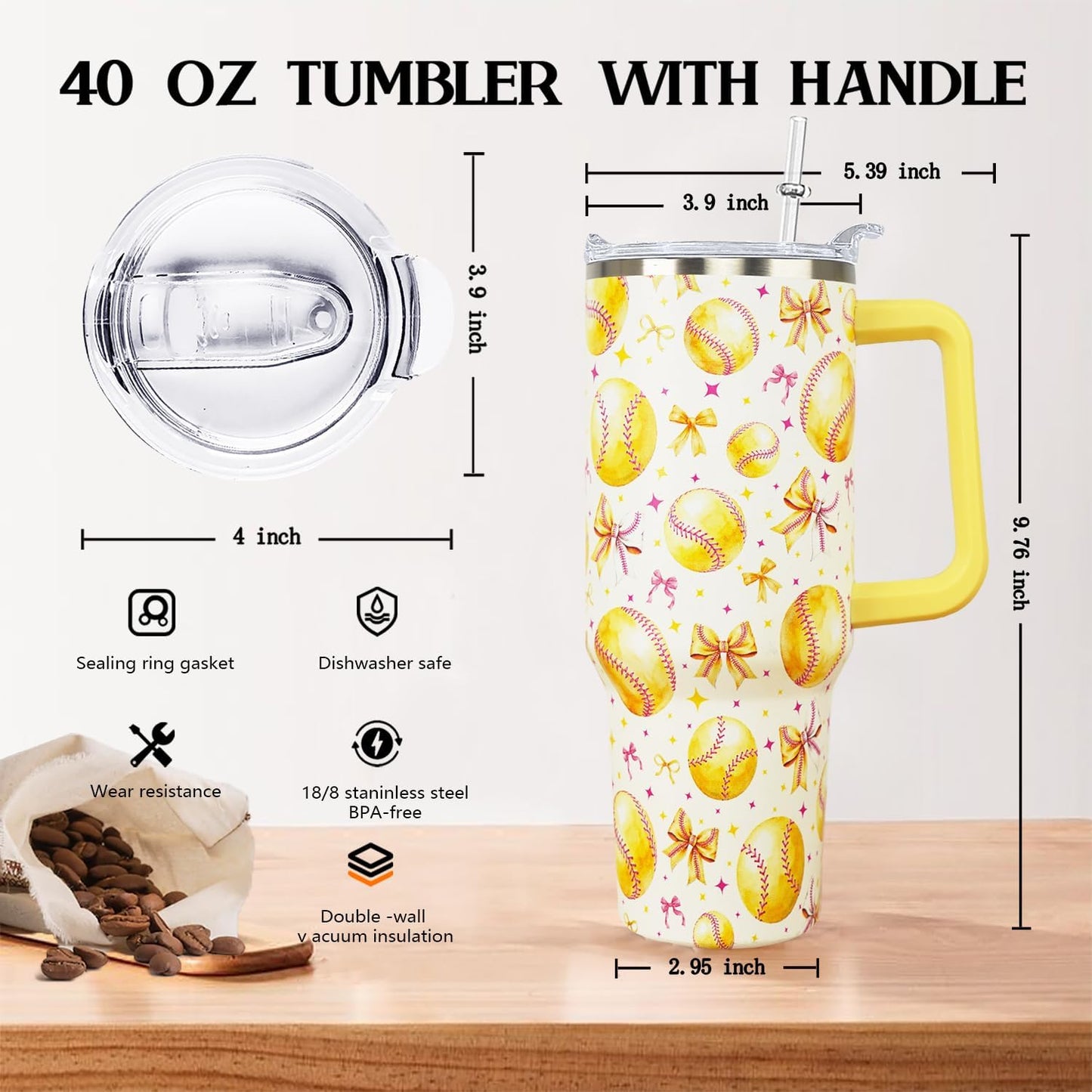 Ceovfoi 40 oz Pickleball Coffee Mug Vacuum Insulated Travel Tumbler with Handle, Lid & Straw - Perfect Pickleball Gifts for Players, Coaches, Lovers | Pickleball Accessories
