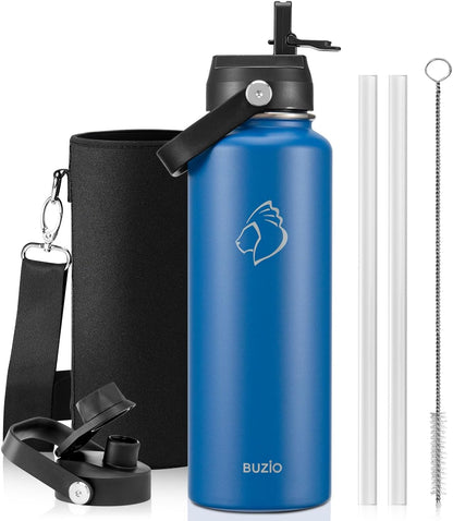BUZIO 40oz Insulated Water Bottle, Triple Wall Vacuum Stainless Steel Water Flask with 2 lids, Lead-Free BPA-Free Straw Lid Sports Canteen Jug, Cold 48H & Hot 24H- Black - Colors B