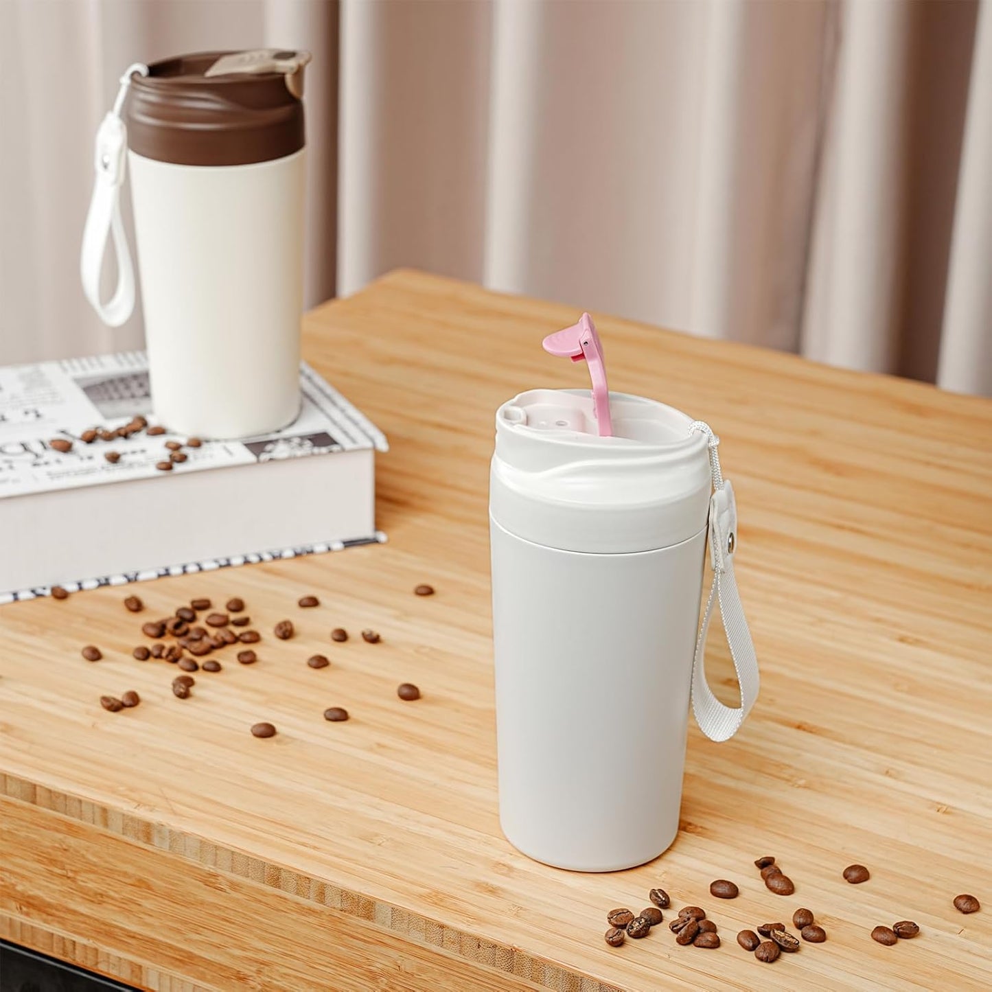 16oz Ceramic Travel Mug with Lid- 100% Real Ceramic Liner (No Coating), Heat-Resistant Outer Wall, Leak-Proof Lid with Detachable Strap, Fits Car Cup Holder