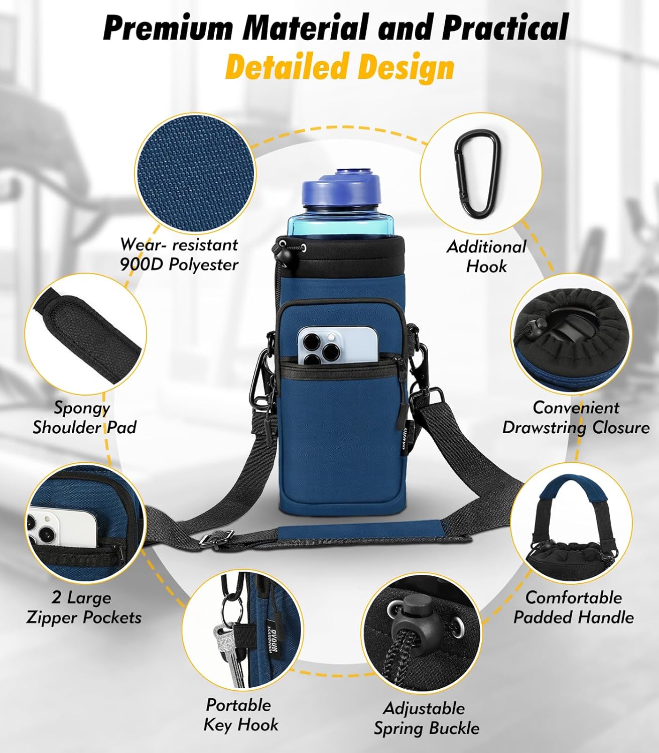 Nuovoware Water Bottle Carrier Bag,25oz/40oz/64oz Bottle Pouch Holder,Adjustable Shoulder Hand Strap 2 Pocket Sling Neoprene Sleeve Sports Accessories for Hiking Travelling Camping