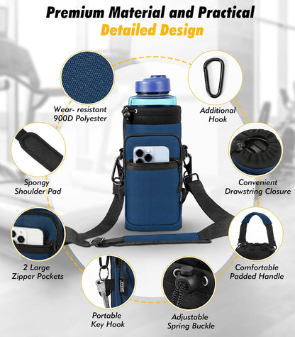 Nuovoware Water Bottle Carrier Bag,25oz/40oz/64oz Bottle Pouch Holder,Adjustable Shoulder Hand Strap 2 Pocket Sling Neoprene Sleeve Sports Accessories for Hiking Travelling Camping
