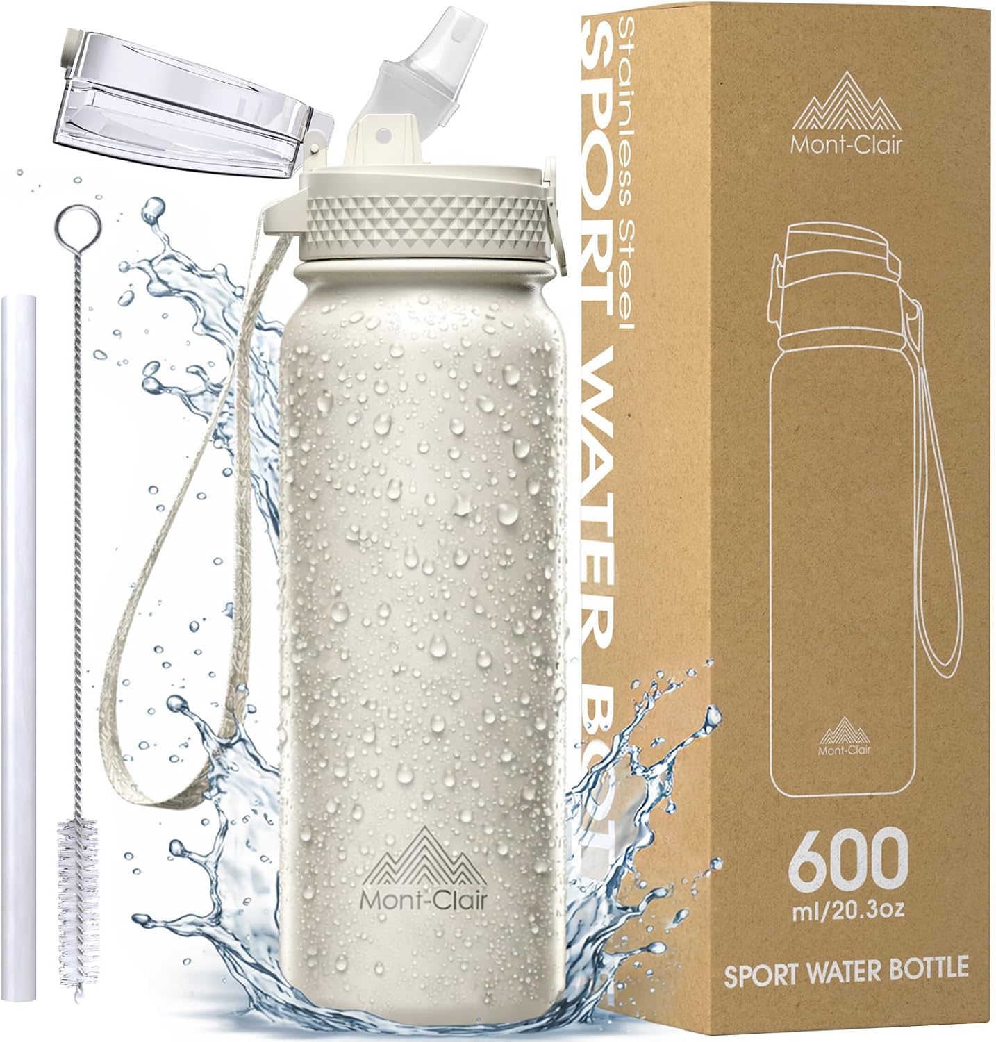 Mont-Clair Sport Water Bottle - 20oz Insulated Water Bottle with Straw - Patented Lid, BPA FREE, For Sports, Gym, Cycling, Bike - Quick Hydration - Black