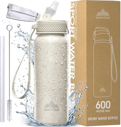 Mont-Clair Sport Water Bottle - 20oz Insulated Water Bottle with Straw - Patented Lid, BPA FREE, For Sports, Gym, Cycling, Bike - Quick Hydration - Black