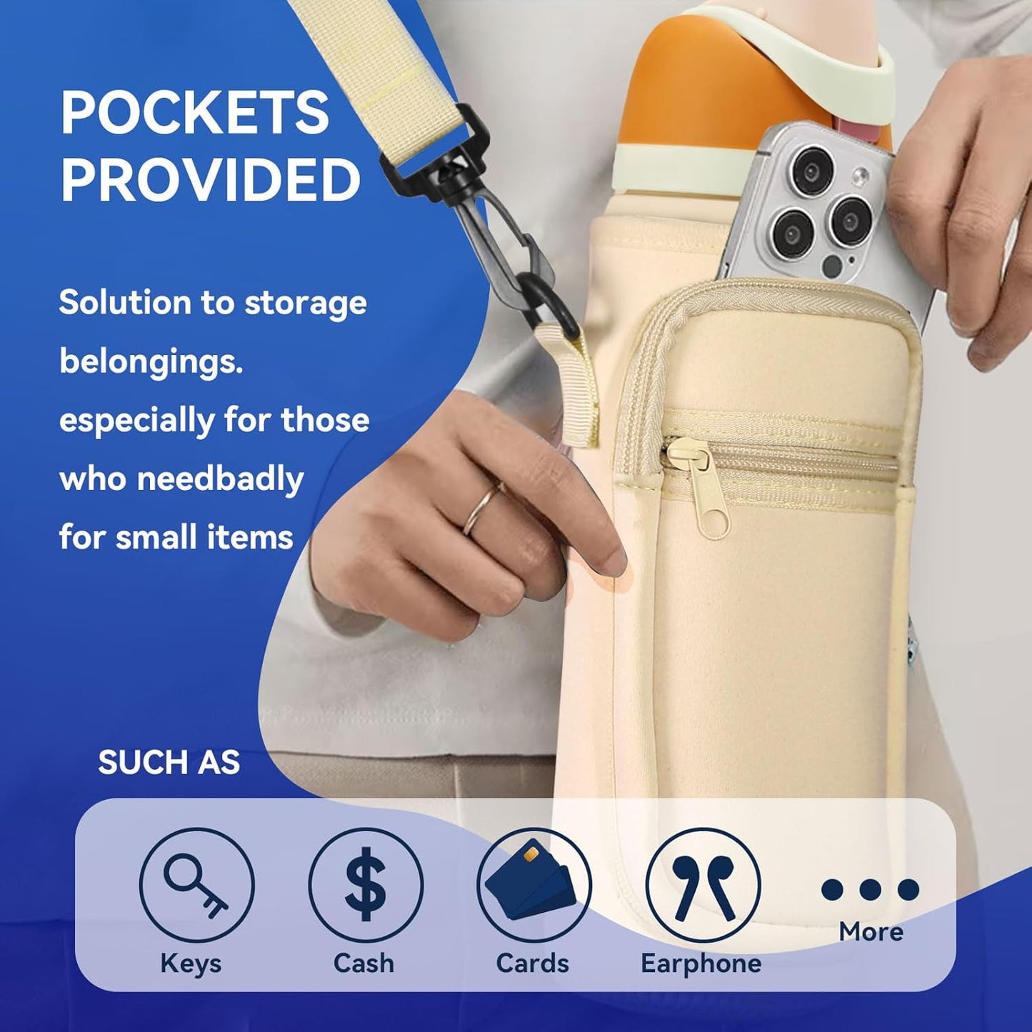 Neoprene Water Bottle Holder Bag with Cell Phone Pocket Compatible with Owala FreeSip 24 oz，Water Bottle Carrying Bag ，with Adjustable Shoulder Strap,for 24oz Stainless Steel Water Bottle