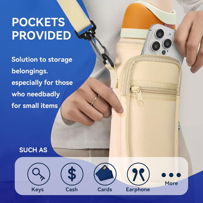 Neoprene Water Bottle Holder Bag with Cell Phone Pocket Compatible with Owala FreeSip 24 oz，Water Bottle Carrying Bag ，with Adjustable Shoulder Strap,for 24oz Stainless Steel Water Bottle
