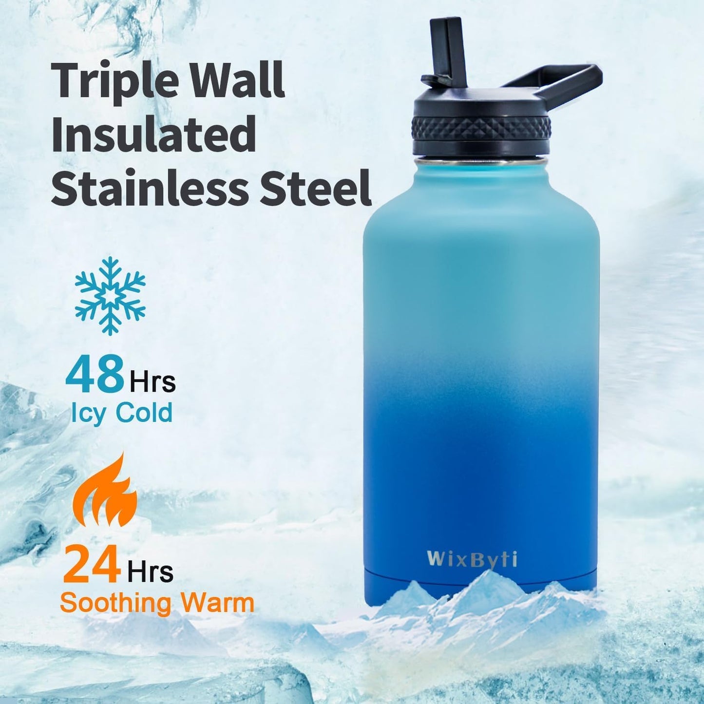 WixByti 40 oz Insulated Water Bottle with Straw (Cold for 36 Hrs), Stainless Steel Triple Wall Vacuum Sports Water Jug, Leakproof Hydro Cup Flask with Paracord Handle & Straw Spout Lids & DIY Stickers