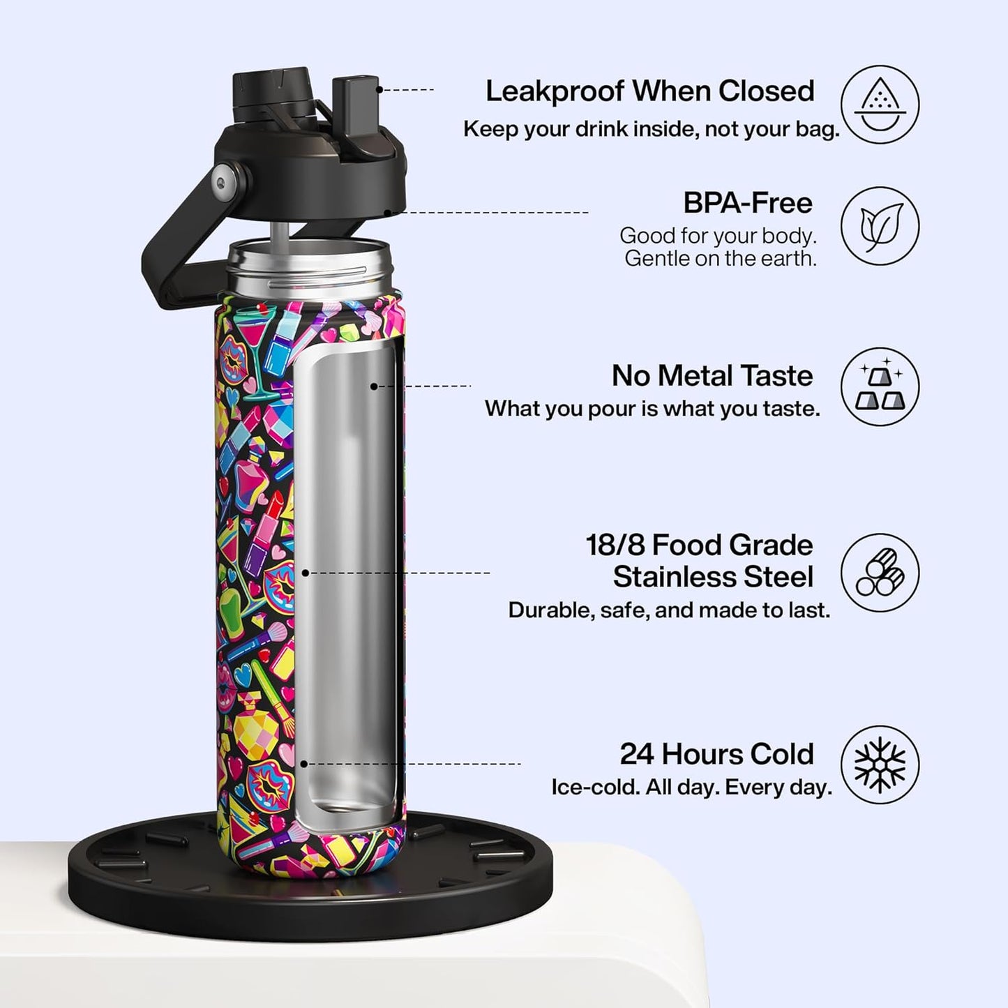 ENCOOL Insulated Water Bottle with Straw Stainless Steel Water Bottle, Leak-Proof, BPA-Free, Double Wall Vacuum Keeps Cold for 24 Hours for Sports, Travel, School (26 oz, Cotton Candy) - Colors C
