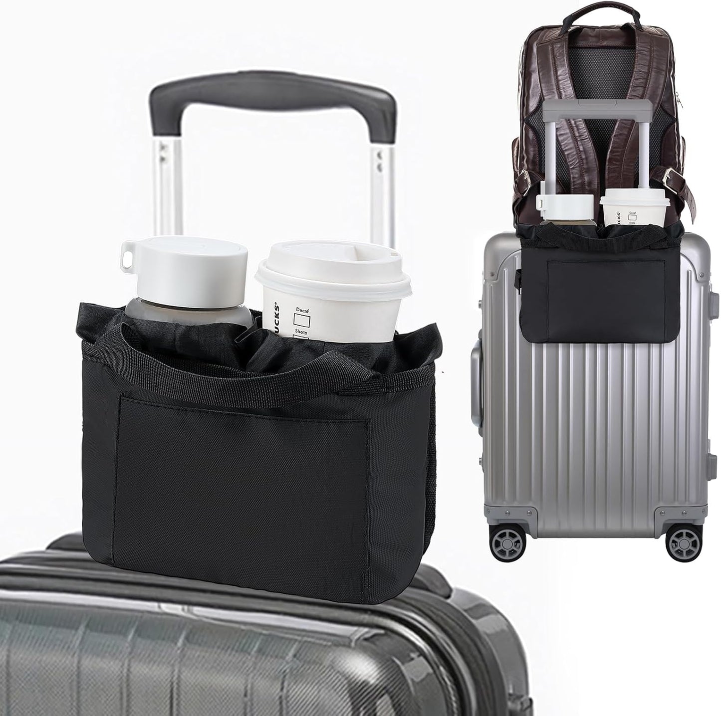 Multifunctional Luggage Travel Cup Holder for Suitcases Free Hand Drink Caddy Fits Suitcase Handles, Also, as an Automotive and Stroller Cup Holder, Travel Accessories (Black)