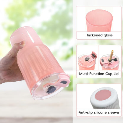Iced Coffee Cups with Lids: Coffee Bar Accessories - Ribbed Glass Tumbler with Straw and Lid 4Pcs - 20oz Leak Proof Tumbler - Reusable Glass Cups and Tumblers with Lid and Straws for To Go Iced Coffee