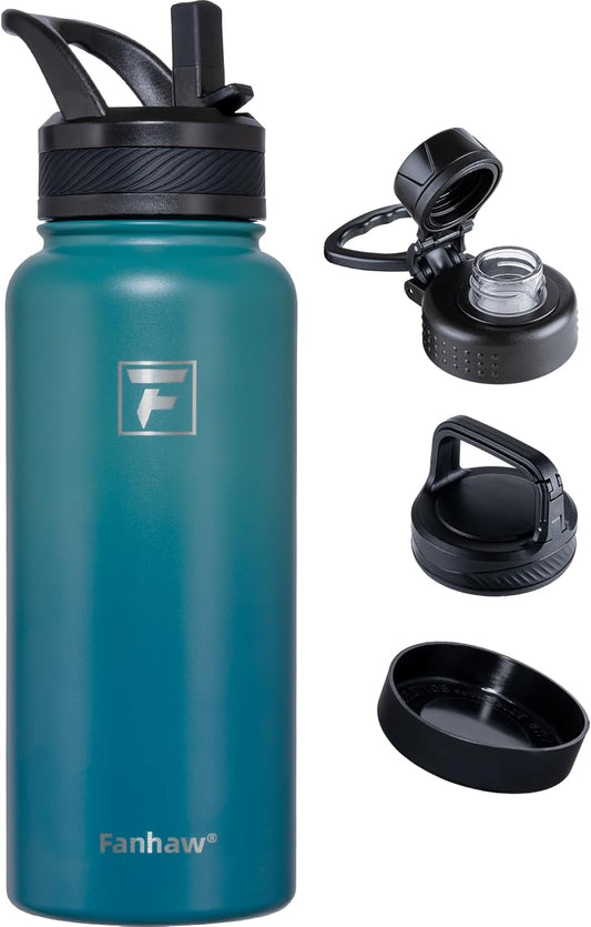 Fanhaw 40 oz Insulated Water Bottle – Stainless Steel Flask with 3 Lids (Straw, Spout, Carabiner) | Durable, Leakproof, for Hiking, Camping, Outdoor Adventures & Travel (Green Blue)