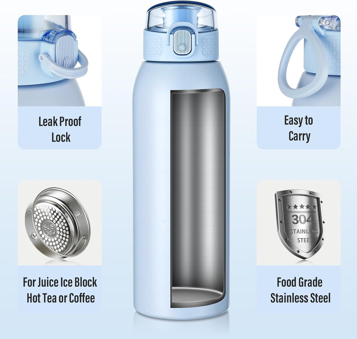 Insulated Water Bottle 24 oz with Dustproof Lid, Carry Handle & Tea Infuser, BPA-Free & Leakproof, Stainless Steel Water Bottles Ideal for Fitness, Hiking, Office & Outdoor Use (Black)