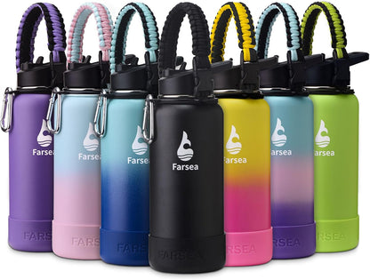 Farsea Insulated Water Bottle With Paracord Handle, Protective Silicone Boot and 2 Lids (Straw Lid & Spout Lid), Stainless Steel Water Bottle Wide Mouth, Double Wall Sweat-Proof BPA-Free, 24 oz
