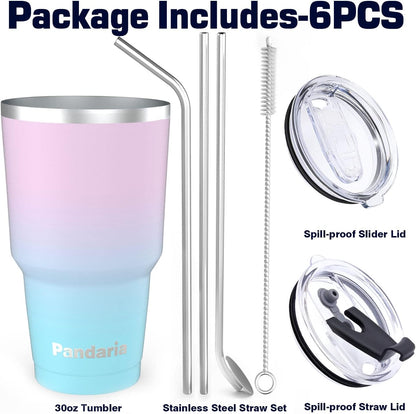 30 oz Travel Coffee Tumbler Cup, Double Wall Stainless Steel Reusable Spill Proof Tumbler with Straw, Leak Proof Insulated Tumbler with Straw for Iced Coffee, Tea & Water (Black)