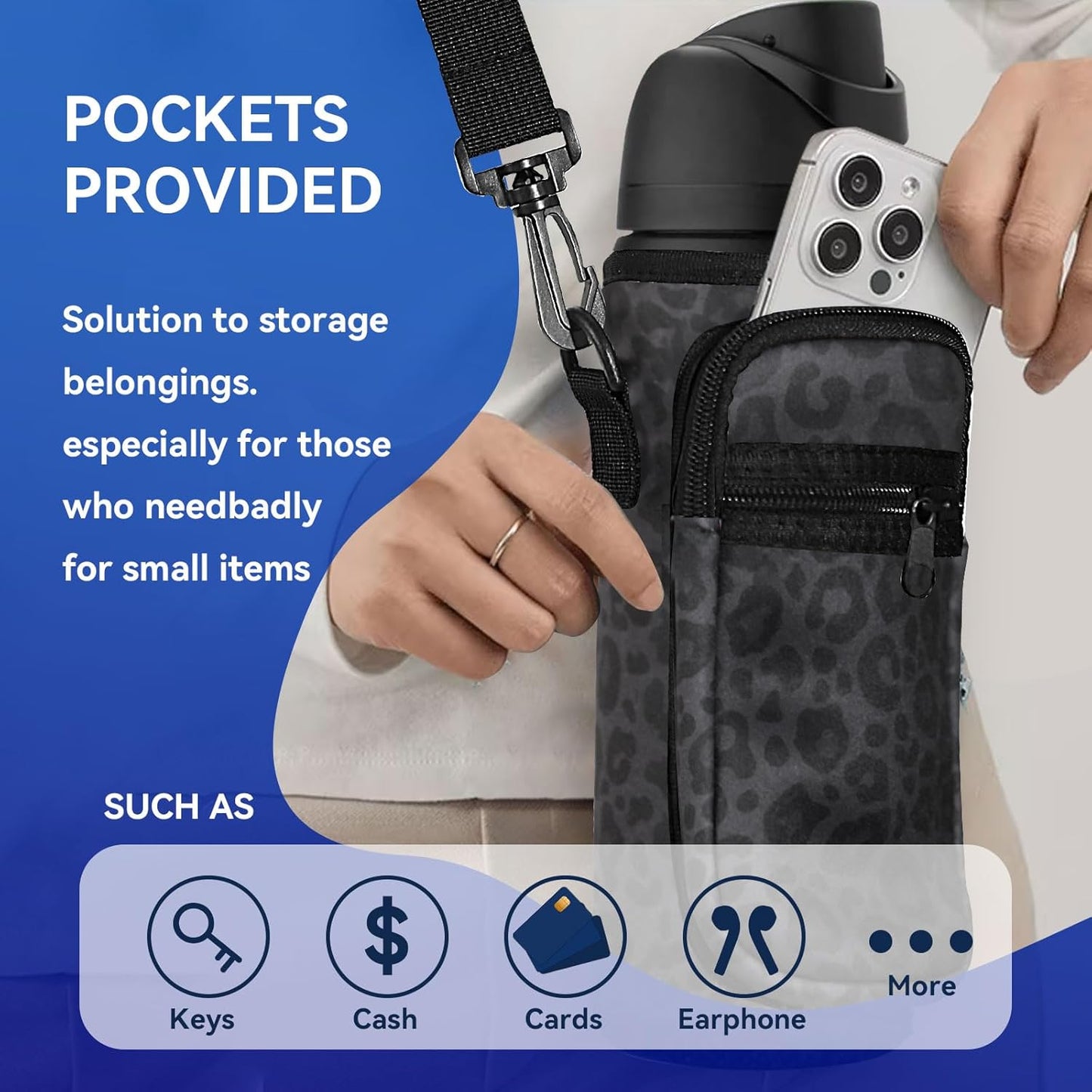 Neoprene Water Bottle Holder Bag with Cell Phone Pocket Compatible with Owala FreeSip 24 oz，Water Bottle Carrying Bag ，with Adjustable Shoulder Strap,for 24oz Stainless Steel Water Bottle